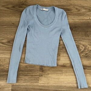 Zara Women's Light Blue Ribbed Long Sleeve Tee